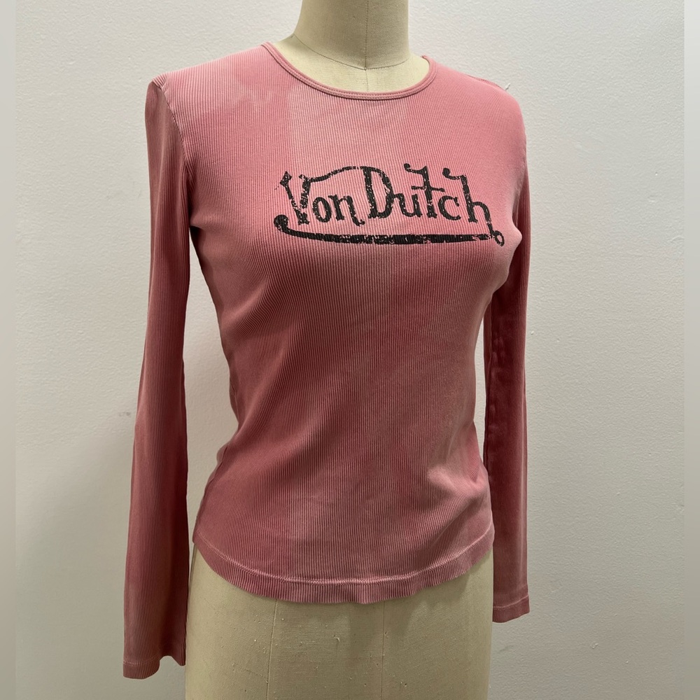 Von Dutch Vintage Y2K Pink Long-sleeve Ribbed Graphic Top